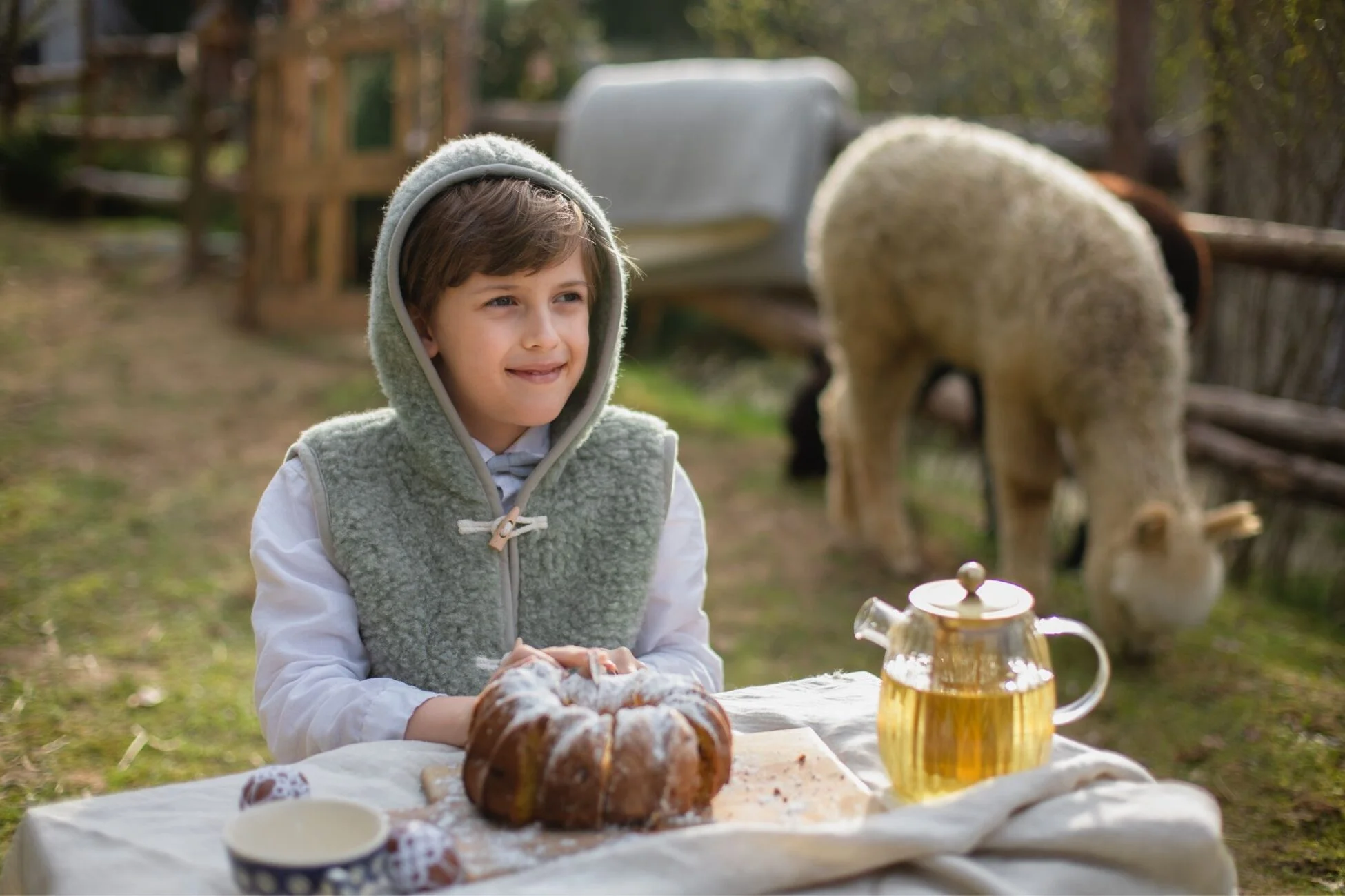 Chłopiec siedzi na zewnątrz w kamizelce z wełny przy stoliczku. Na stoliczku babka i herbata. W tle alpaki