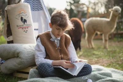 Chłopiec siedzi na kocu w wełnianej kamizelce. Czyta książkę. W tle alpaki.