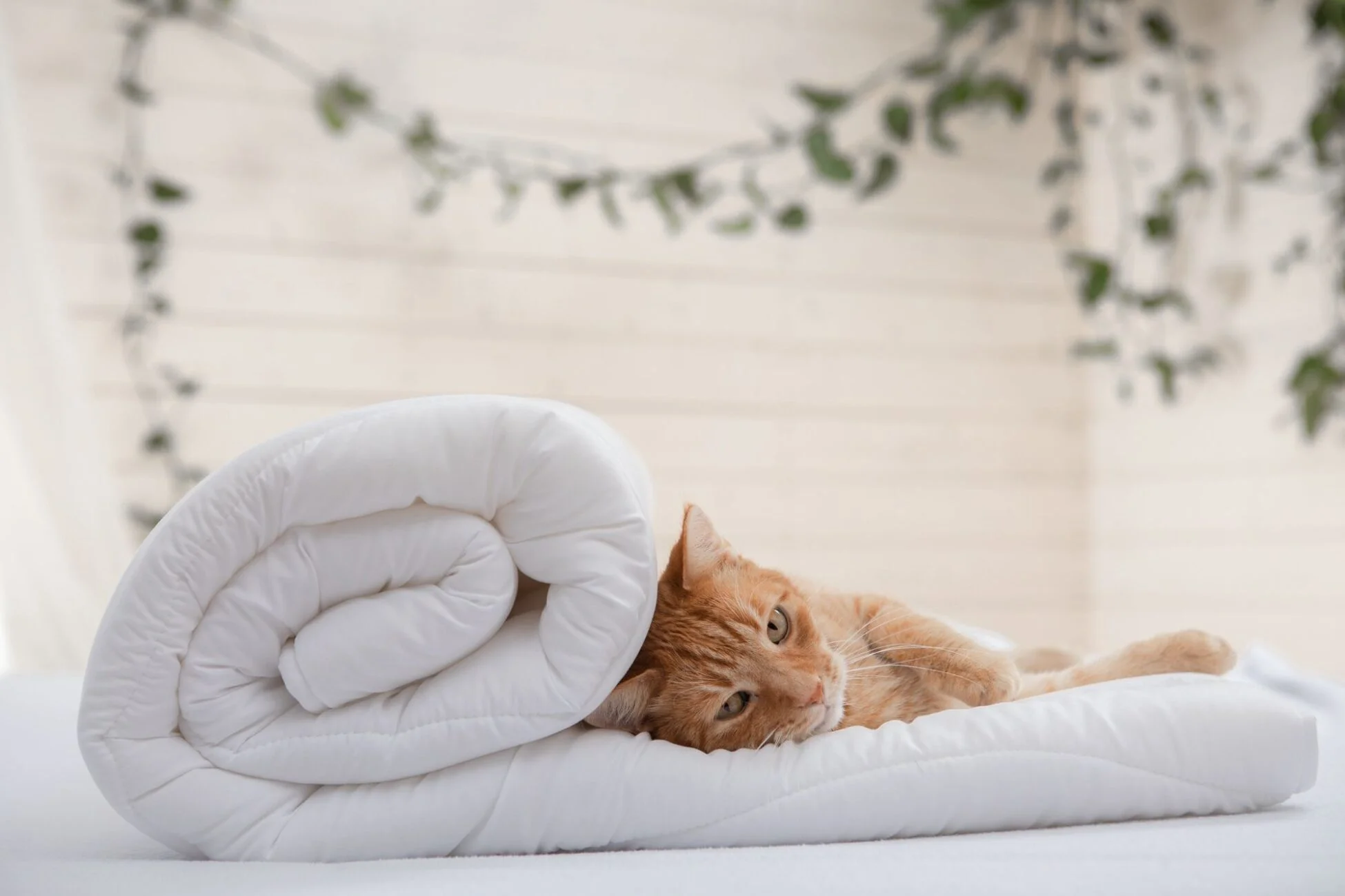 Rudy kot, leżący na zwiniętej kołdrze wełnianej