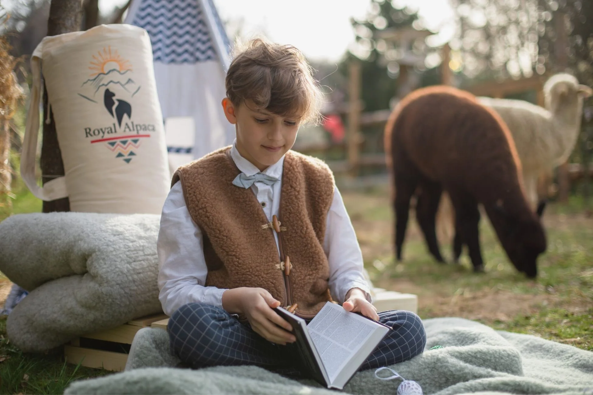 Chłopiec siedzący na wełnianym kocu, ubrany w wełnianą brązową kamizelkę. W tle alpaki