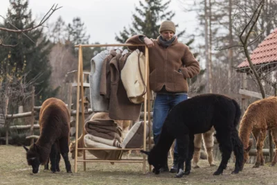 Mężczyzna oparty o wieszak z ubraniami z wełny. Ubrany w kamizelkę wełnianą, Obok niego dwie alpaki.