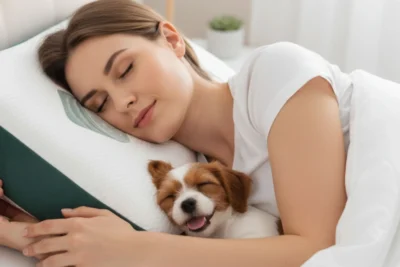 Kobieta tuli psa. Śpią na poduszce ortopedycznej dream