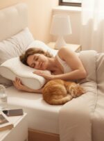 Kobieta śpiąca na poduszce ortopedycznej obok śpiącego kota w łóżku w jasnym wnętrzu