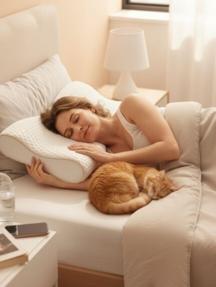 Kobieta śpiąca na poduszce ortopedycznej obok śpiącego kota w łóżku w jasnym wnętrzu
