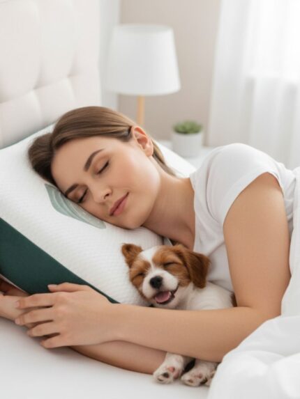 Kobieta śpiąca na poduszce ortopedycznej z psem przytulonym do niej w jasnym wnętrzu sypialni