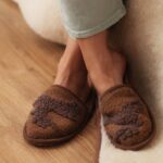 Brown wool slippers, deer motif