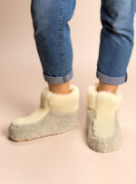 szare kapcie z jasnym futrem na neutralnym tle