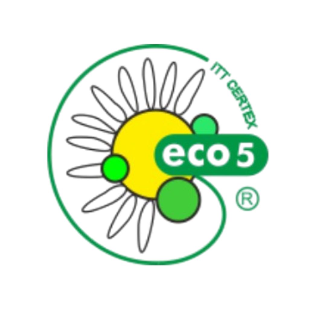 logo certfikatu eco5 z kwiatem i zielonymi elementami na białym tle
